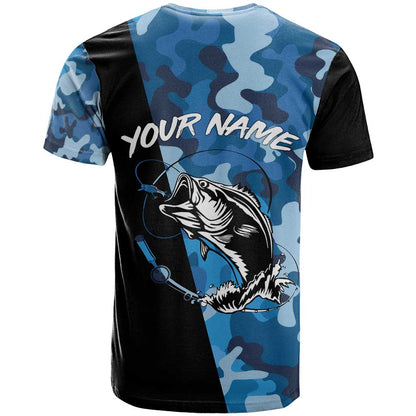 Custom Blue Camo Bass Fishing T-Shirt Fishing Rod Graphic Design Graphic Tee
