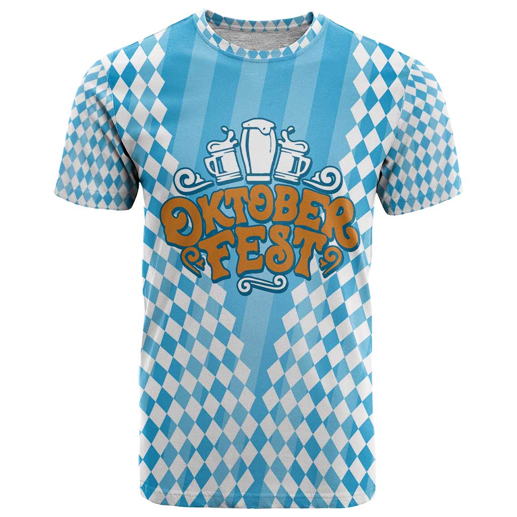 Oktoberfest T-Shirt with Beer Glass Illustration Blue White Diamond Graphic Tee