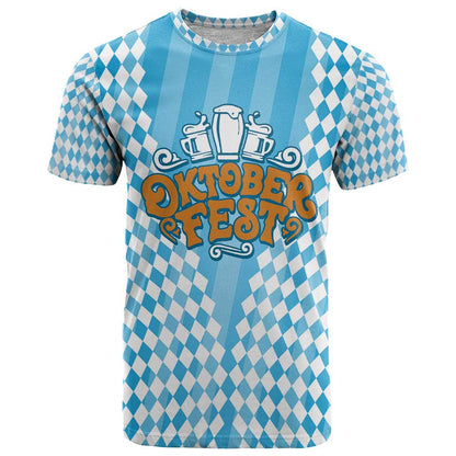Oktoberfest T-Shirt with Beer Glass Illustration Blue White Diamond Graphic Tee