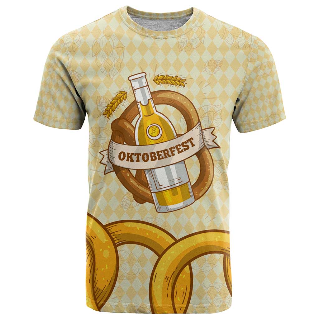 Oktoberfest T-Shirt with Beer Bottle and Pretzel Illustration Beige Diamond Graphic Tee