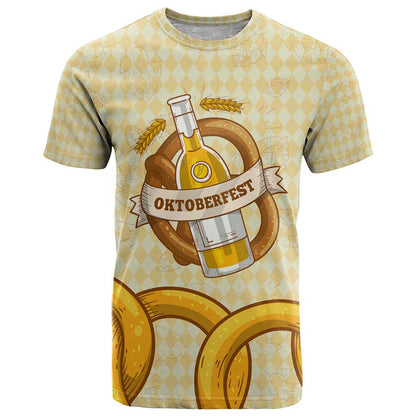 Oktoberfest T-Shirt with Beer Bottle and Pretzel Illustration Beige Diamond Graphic Tee