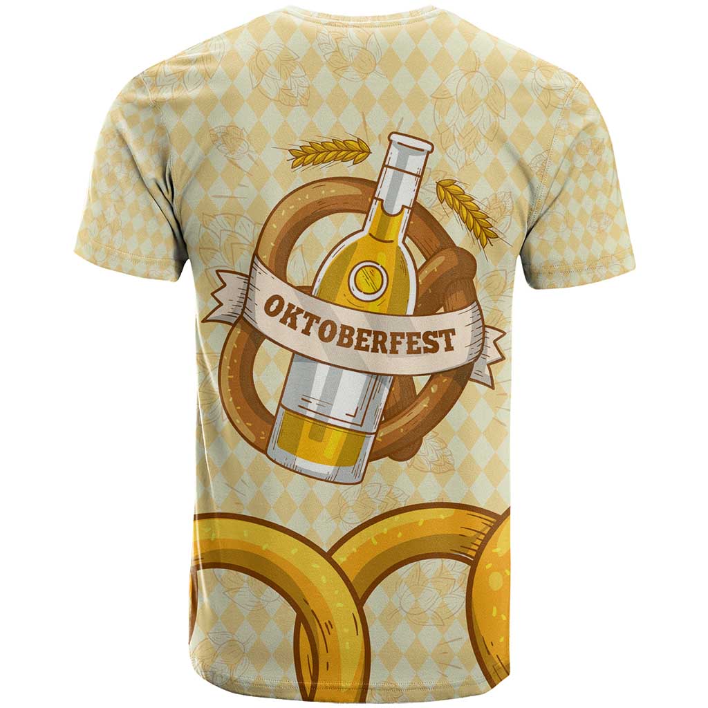 Oktoberfest T-Shirt with Beer Bottle and Pretzel Illustration Beige Diamond Graphic Tee