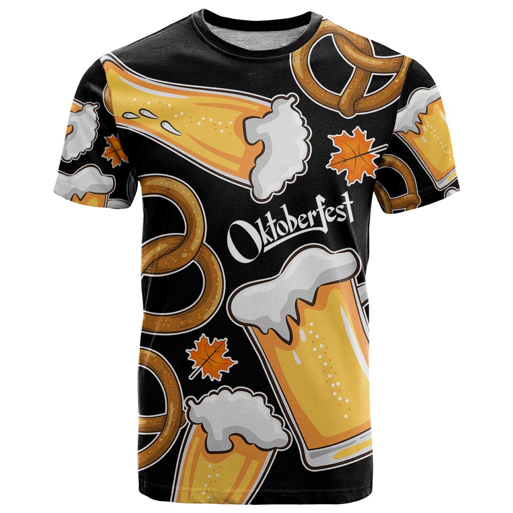 Oktoberfest T-Shirt with Beer Mug and Pretzel Illustration Black Festive Graphic Tee