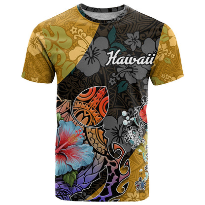 Hawaii Polynesian T-Shirt Turtles and Hibiscus Flower Gradient Pattern Graphic Tee