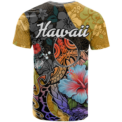 Hawaii Polynesian T-Shirt Turtles and Hibiscus Flower Gradient Pattern Graphic Tee