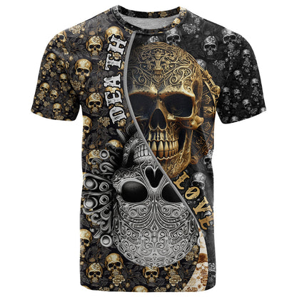 Skull Pattern T-Shirt Love and Death Graphic Tee