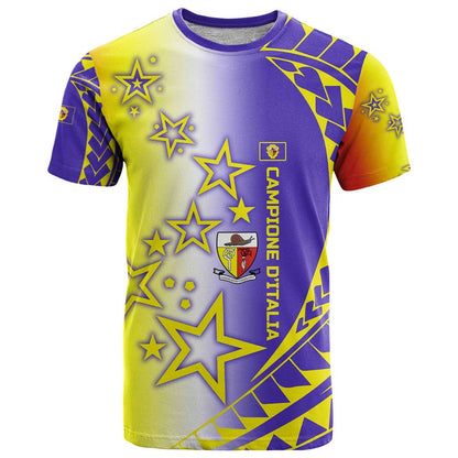 Campione dItalia T-Shirt with Yellow Purple Star Design and Town Crest Graphic Tee