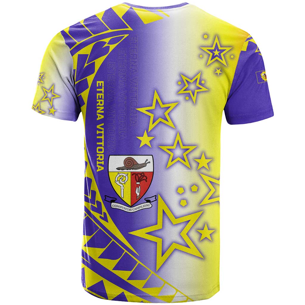 Campione dItalia T-Shirt with Yellow Purple Star Design and Town Crest Graphic Tee