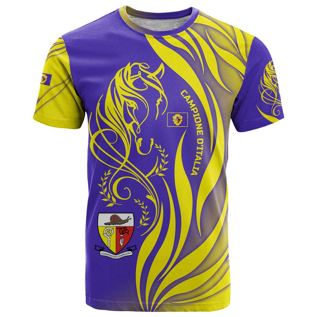 Campione dItalia T-Shirt with Yellow Horse Graphic and Purple Flame Crest Graphic Tee