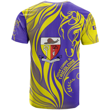 Campione dItalia T-Shirt with Yellow Horse Graphic and Purple Flame Crest Graphic Tee
