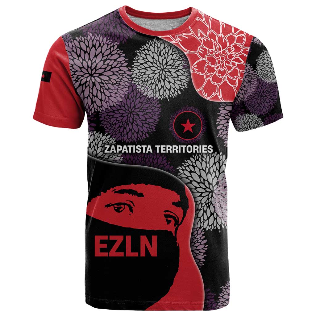 Zapatista Territories T-Shirt Mexico with EZLN Masked Face and Floral Graphic Tee