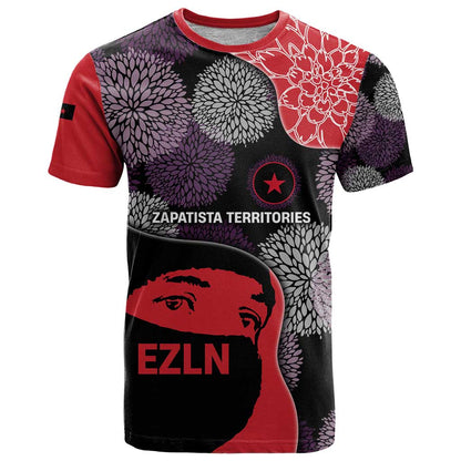 Zapatista Territories T-Shirt Mexico with EZLN Masked Face and Floral Graphic Tee