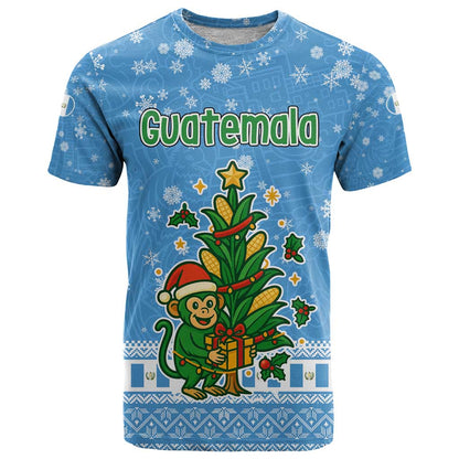 Guatemala Christmas T-Shirt with Blue Christmas Monkey Tree Snowman and Snowflake Graphic Tee