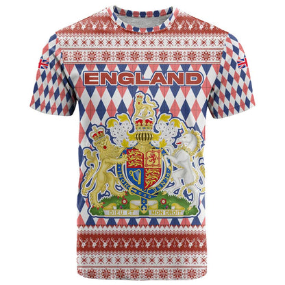 England Christmas T-Shirt with Red Blue White Diamond Pattern Santa and Coat of Arms Graphic Tee