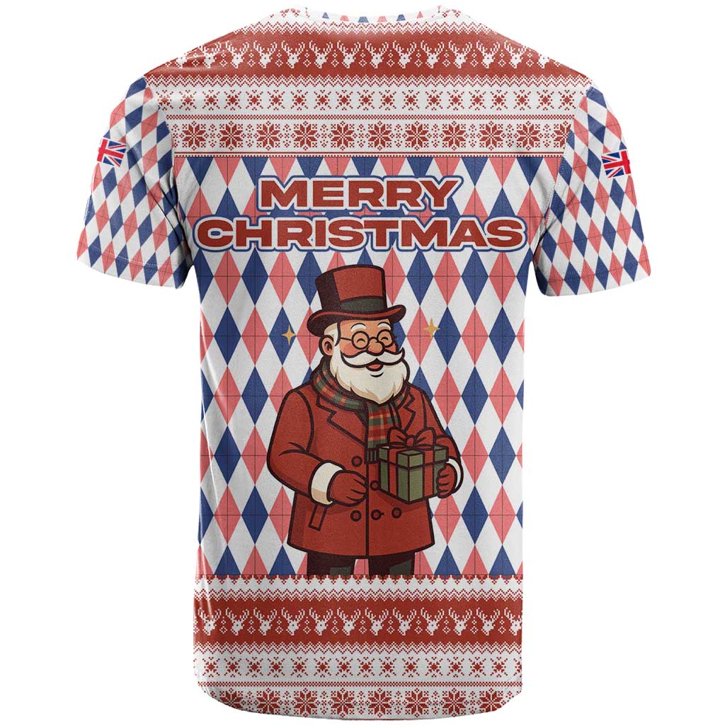 England Christmas T-Shirt with Red Blue White Diamond Pattern Santa and Coat of Arms Graphic Tee
