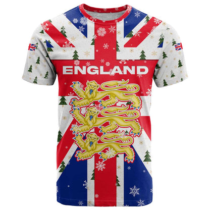 England Christmas T-Shirt with Red White Blue Santa Bus Tree and Three Lions Design Graphic Tee