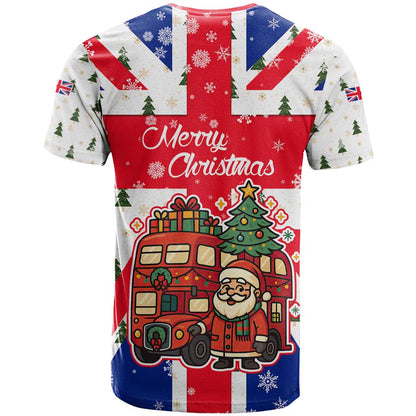 England Christmas T-Shirt with Red White Blue Santa Bus Tree and Three Lions Design Graphic Tee