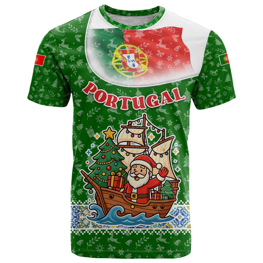 Portugal Christmas T-Shirt with Green Red Santa Ship Tree and Coat of Arms Graphic Tee