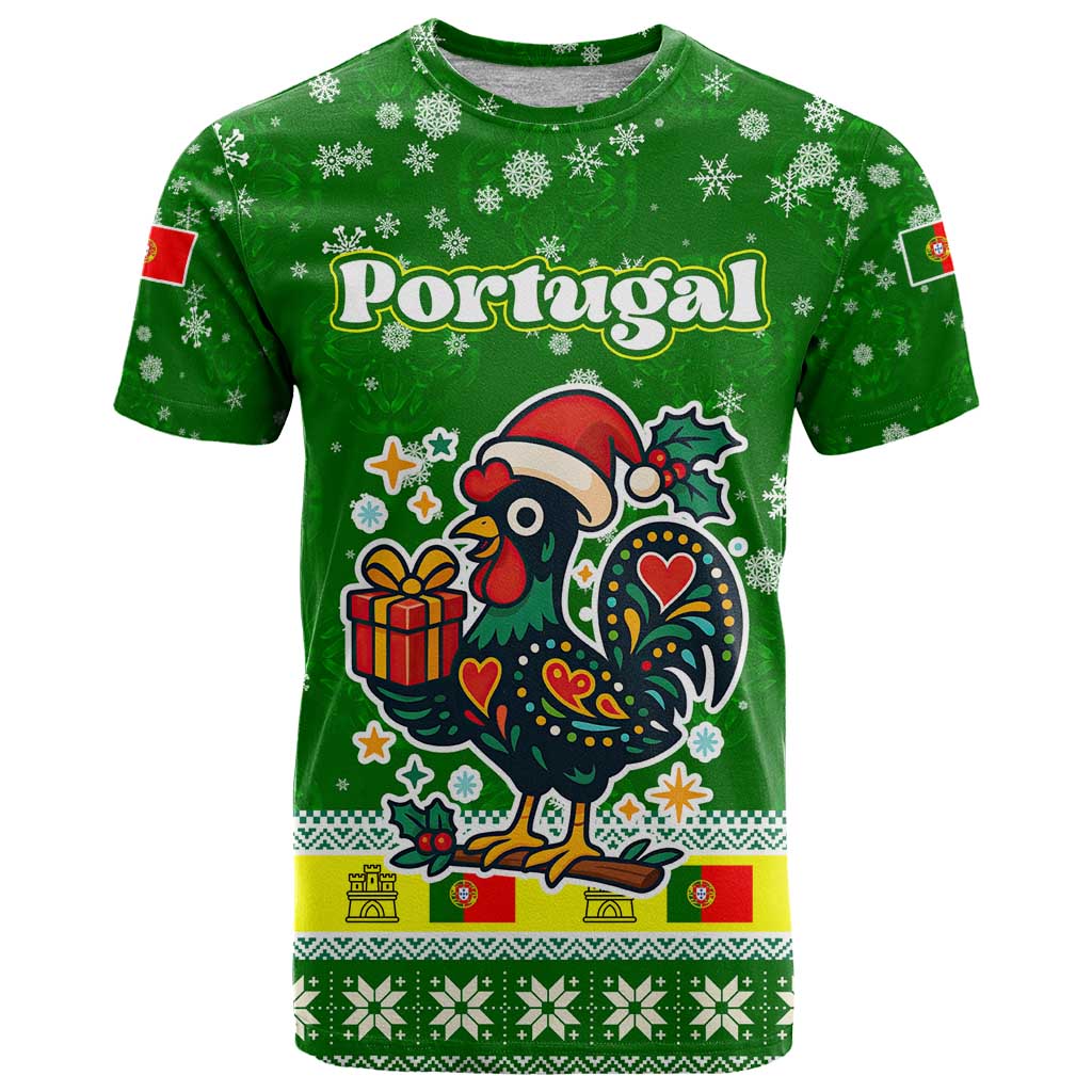 Portugal Christmas T-Shirt with Green Galo de Barcelos Rooster Santa Hat and Gift Graphic Tee
