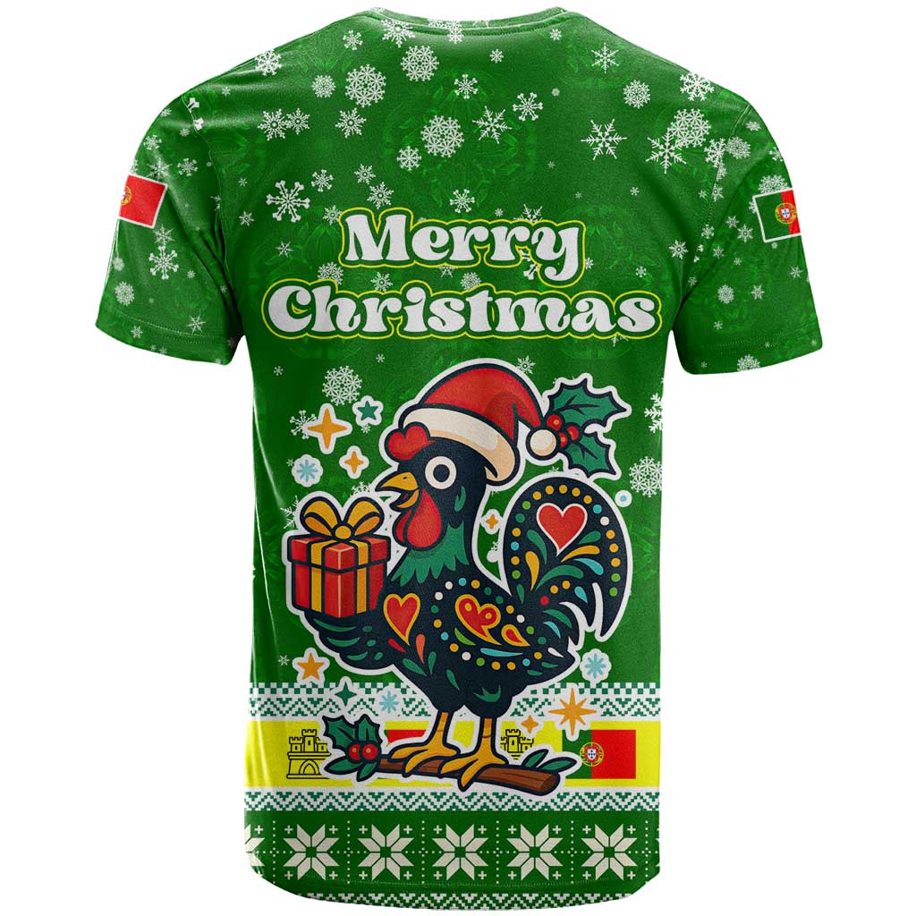 Portugal Christmas T-Shirt with Green Galo de Barcelos Rooster Santa Hat and Gift Graphic Tee