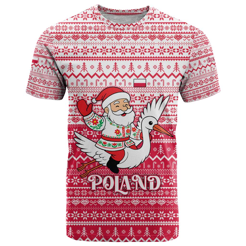 Poland Christmas T-Shirt with Santa Riding Stork White Eagle Emblem and Red Snowflake Knit Pattern Design Graphic Tee