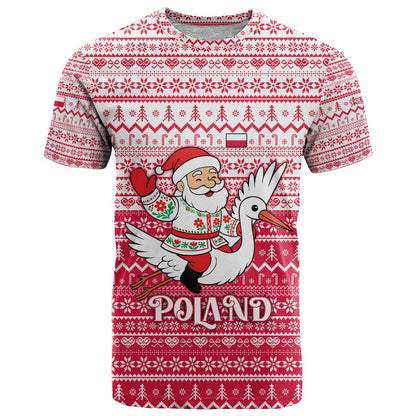 Poland Christmas T-Shirt with Santa Riding Stork White Eagle Emblem and Red Snowflake Knit Pattern Design Graphic Tee