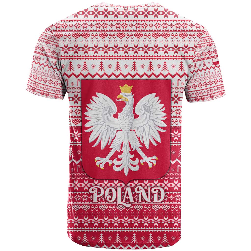 Poland Christmas T-Shirt with Santa Riding Stork White Eagle Emblem and Red Snowflake Knit Pattern Design Graphic Tee