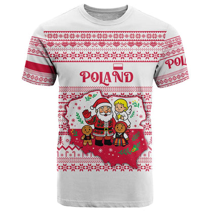 Poland Christmas T-Shirt with Santa Children Gingerbread Map Outline and Red Snowflake Knit Pattern Design Graphic Tee