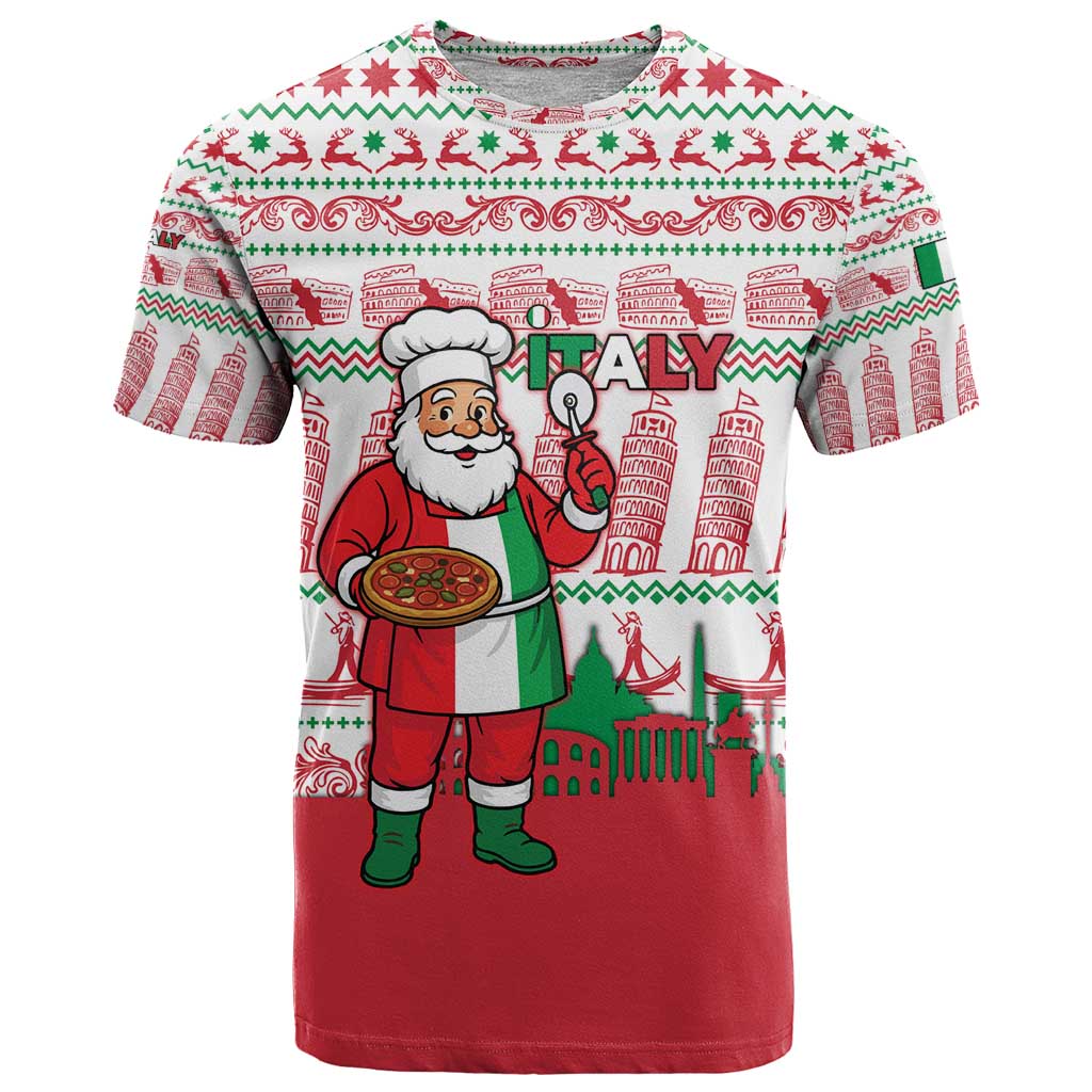 Italy Christmas T-Shirt with Pizza Chef Santa Leaning Tower Colosseum and Red Green Holiday Pattern Design Graphic Tee
