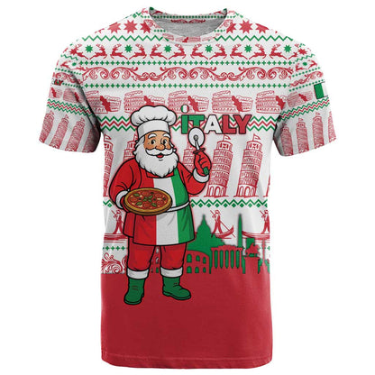 Italy Christmas T-Shirt with Pizza Chef Santa Leaning Tower Colosseum and Red Green Holiday Pattern Design Graphic Tee