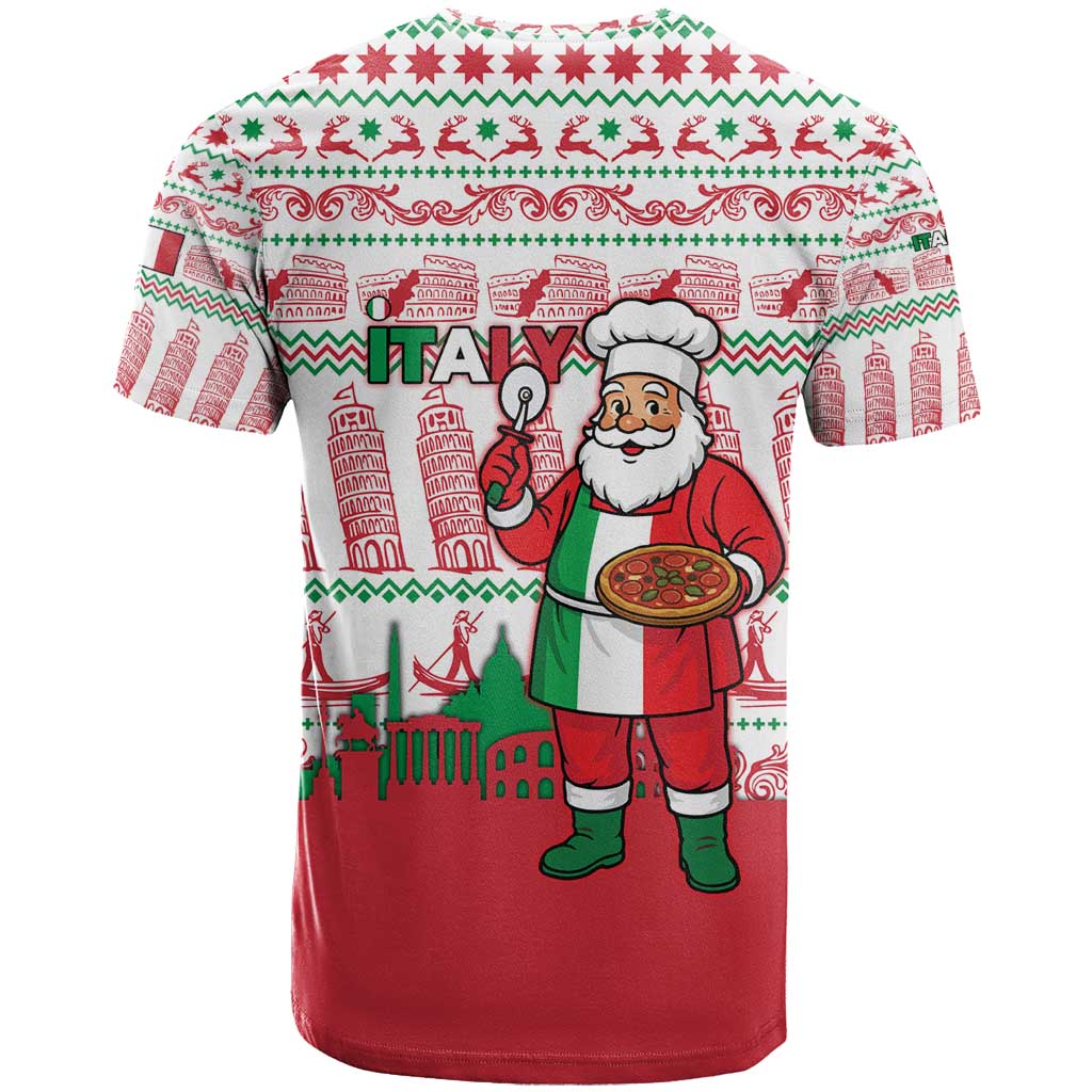 Italy Christmas T-Shirt with Pizza Chef Santa Leaning Tower Colosseum and Red Green Holiday Pattern Design Graphic Tee