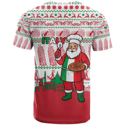 Italy Christmas T-Shirt with Pizza Chef Santa Leaning Tower Colosseum and Red Green Holiday Pattern Design Graphic Tee
