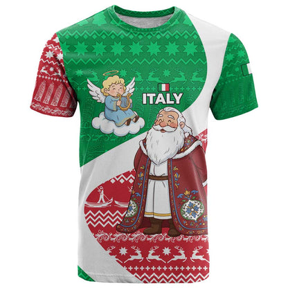 Italy Christmas T-Shirt with Pizza Chef Santa Leaning Tower Colosseum and Red Green Holiday Pattern Design Graphic Tee