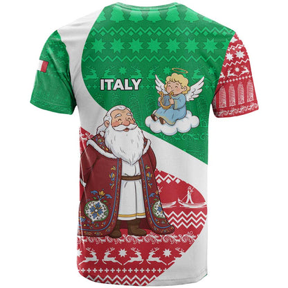 Italy Christmas T-Shirt with Pizza Chef Santa Leaning Tower Colosseum and Red Green Holiday Pattern Design Graphic Tee