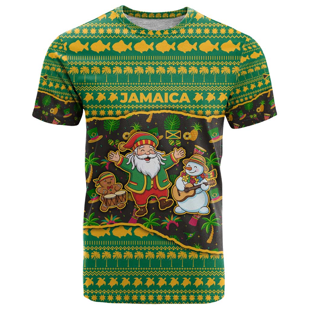 Jamaica Christmas T-Shirt with Rasta Santa Snowman Gingerbread Drummer Palm Trees and Green Yellow Knit Pattern Design Graphic Tee