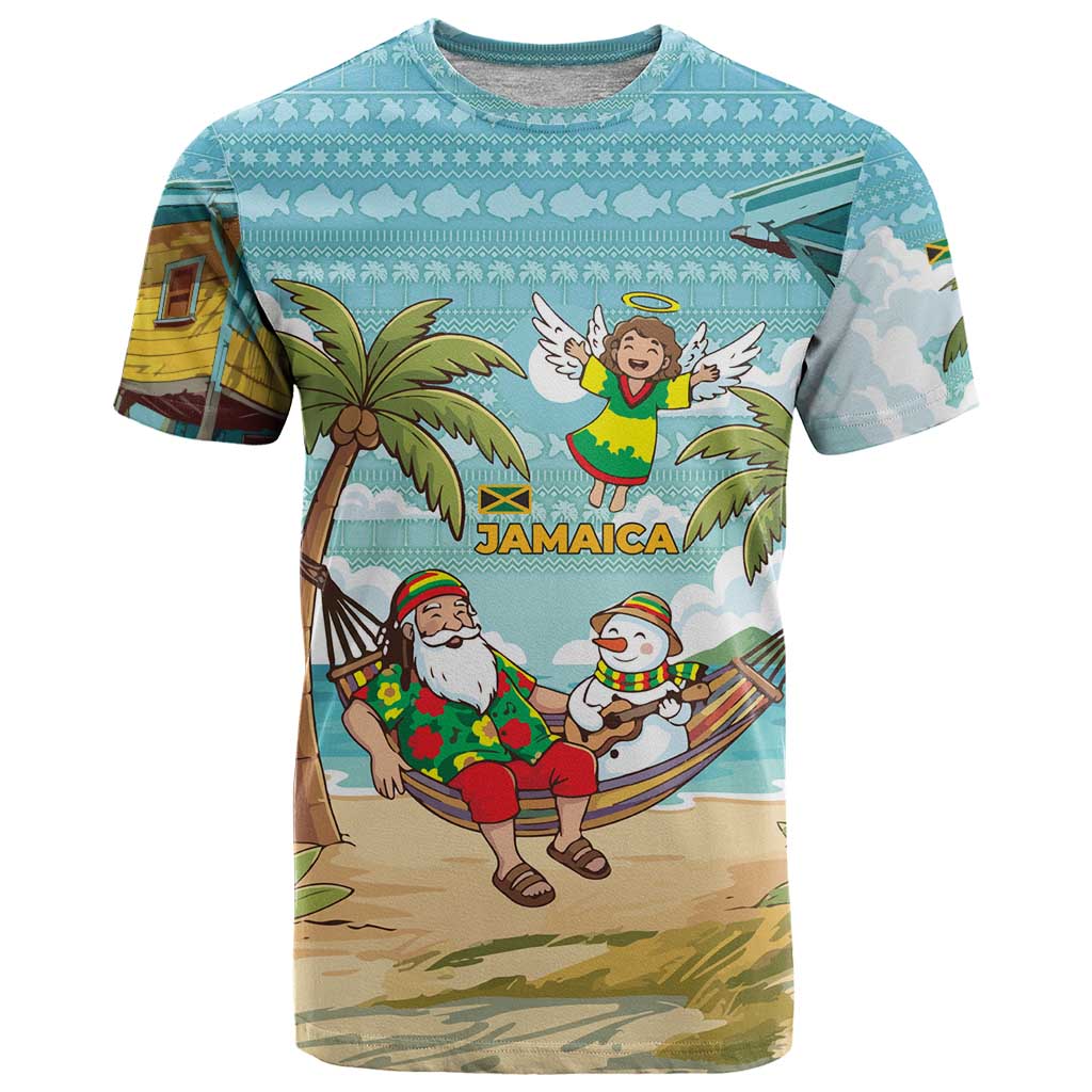Jamaica Christmas T-Shirt with Rasta Santa Snowman Hammock Angel Palm Trees and Tropical Beach Design Graphic Tee