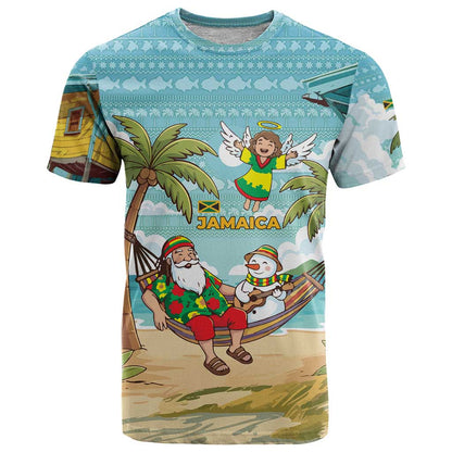 Jamaica Christmas T-Shirt with Rasta Santa Snowman Hammock Angel Palm Trees and Tropical Beach Design Graphic Tee