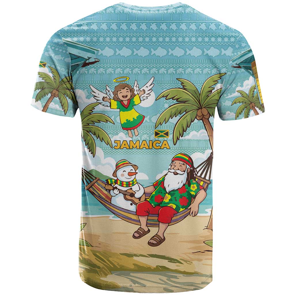 Jamaica Christmas T-Shirt with Rasta Santa Snowman Hammock Angel Palm Trees and Tropical Beach Design Graphic Tee