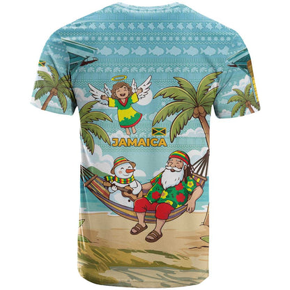 Jamaica Christmas T-Shirt with Rasta Santa Snowman Hammock Angel Palm Trees and Tropical Beach Design Graphic Tee