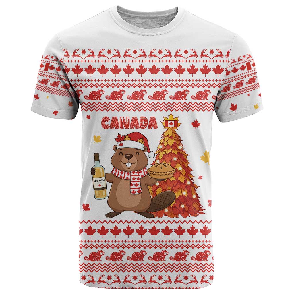 Canada Christmas T-Shirt with Beaver Maple Tree Ice Wine Pie and Red White Knit Pattern Design Graphic Tee
