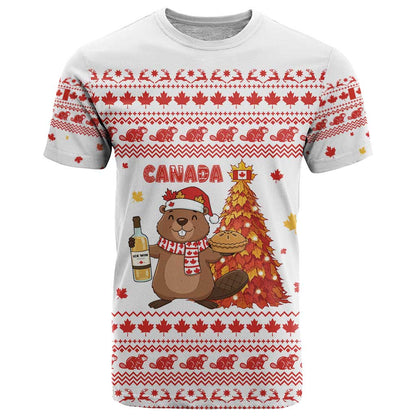 Canada Christmas T-Shirt with Beaver Maple Tree Ice Wine Pie and Red White Knit Pattern Design Graphic Tee