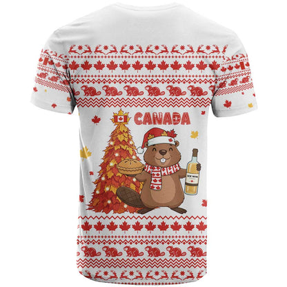 Canada Christmas T-Shirt with Beaver Maple Tree Ice Wine Pie and Red White Knit Pattern Design Graphic Tee