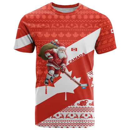 Canada Christmas T-Shirt with Santa Playing Hockey Maple Leaf Flag and Red White Knit Pattern Design Graphic Tee