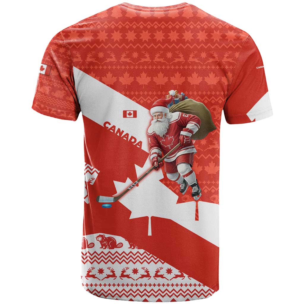 Canada Christmas T-Shirt with Santa Playing Hockey Maple Leaf Flag and Red White Knit Pattern Design Graphic Tee