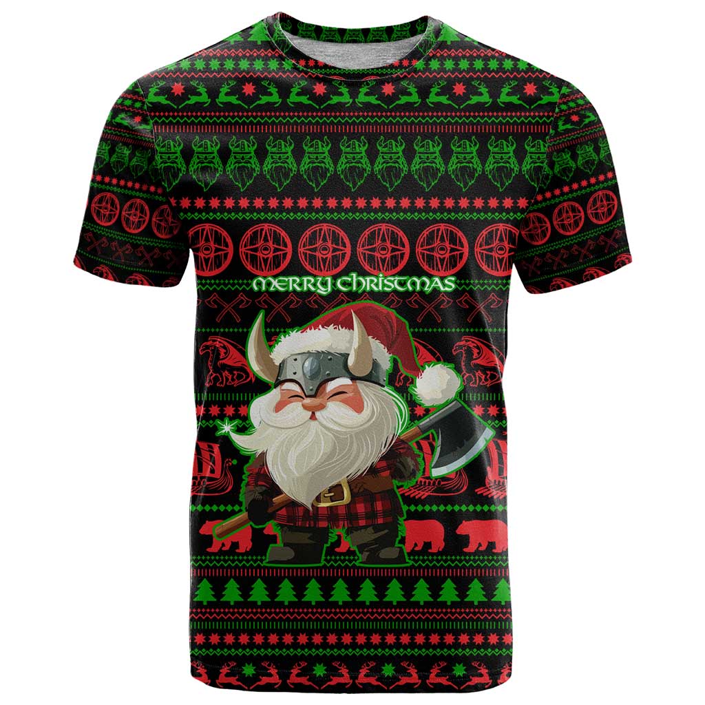 Viking Christmas T-Shirt with Santa Warrior Axe Nordic Symbols Red Green Black Knit Pattern Design Graphic Tee