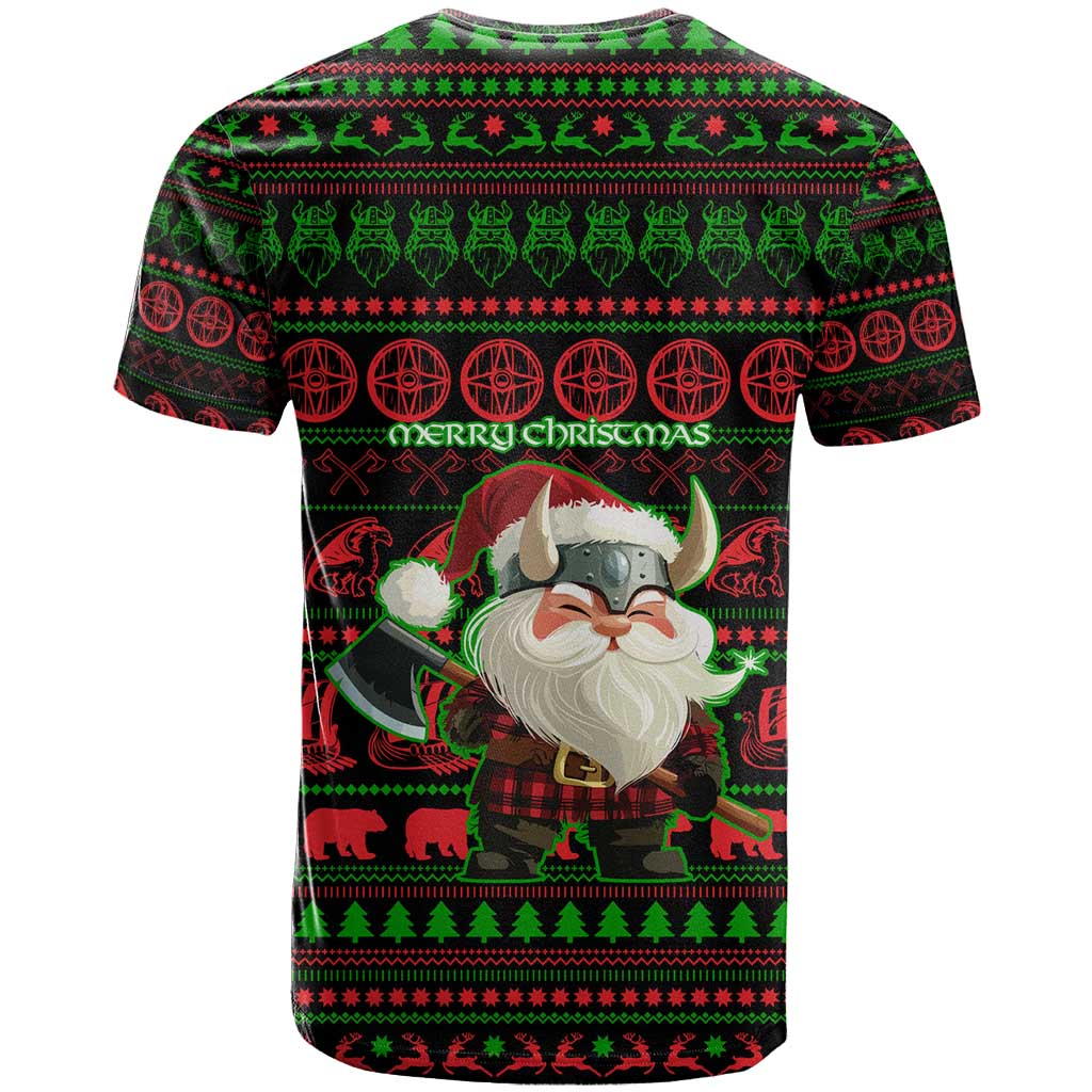 Viking Christmas T-Shirt with Santa Warrior Axe Nordic Symbols Red Green Black Knit Pattern Design Graphic Tee