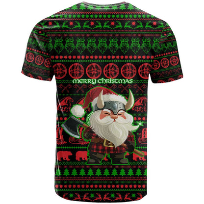 Viking Christmas T-Shirt with Santa Warrior Axe Nordic Symbols Red Green Black Knit Pattern Design Graphic Tee
