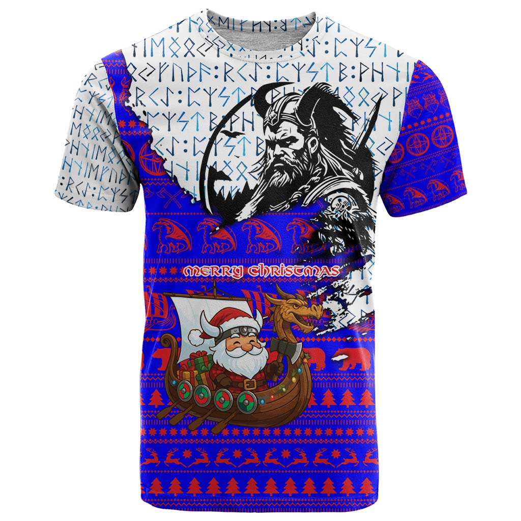 Viking Christmas T-Shirt with Santa in Longship Dragon Head Helmet Runes Blue Red Knit Pattern Design Graphic Tee