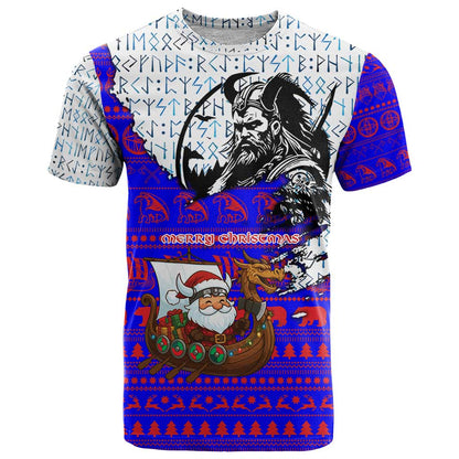 Viking Christmas T-Shirt with Santa in Longship Dragon Head Helmet Runes Blue Red Knit Pattern Design Graphic Tee