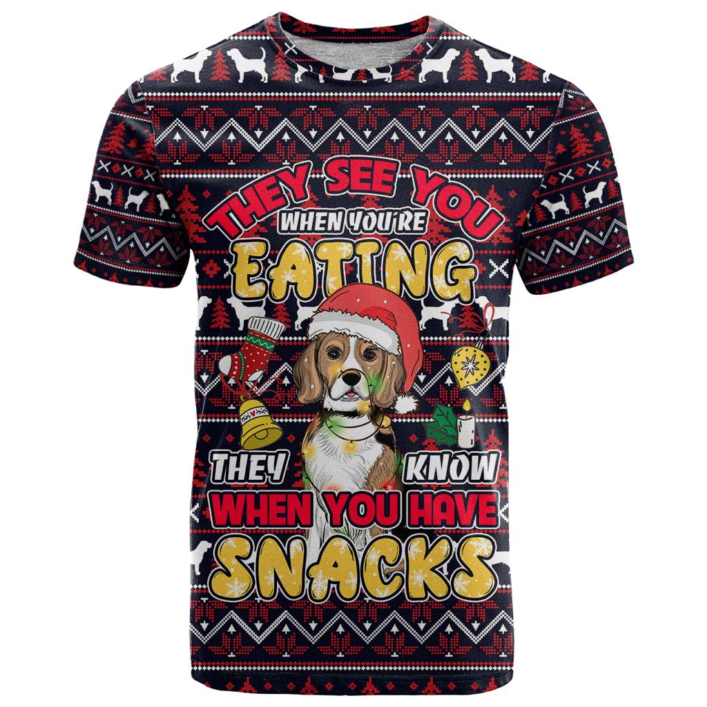 Beagle Dog They Know When You Have Snacks Christmas T-Shirt Xmas Holiday Patterns Graphic Tee